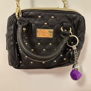 Betsey Johnson Mini Satchel Purse Be-Mine Heart Stud Crossbody Bag Quilted Black